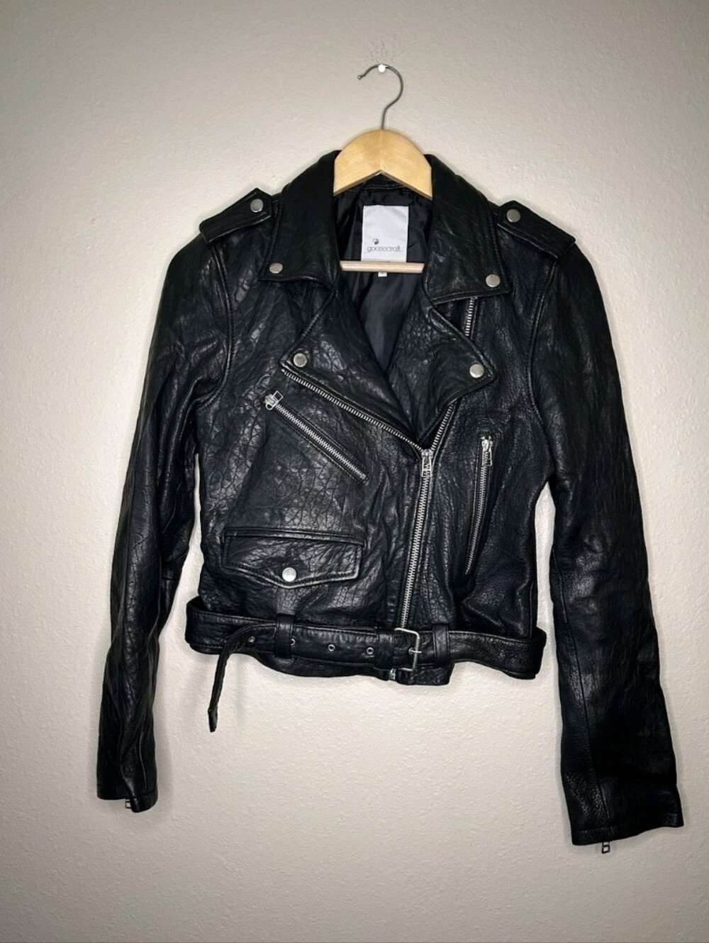 Goosecraft Womens Black 100% Sheep Leather Moto Biker Jacket Belted Size L